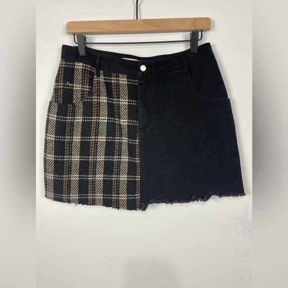 Gilded Intent Pieced‎ Plaid Denim Mini Skirt Womens Large Short Flannel Grunge - Picture 1 of 11